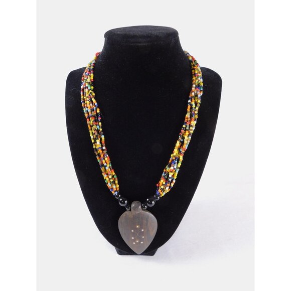 Vintage Beaded Necklace Tribal African Leaf Pendant Handmade Boho Jewelry - Picture 1 of 6